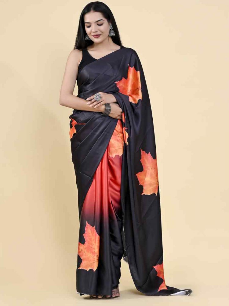 Black Japan Satin Silk Printed Casual Party Contemporary Saree