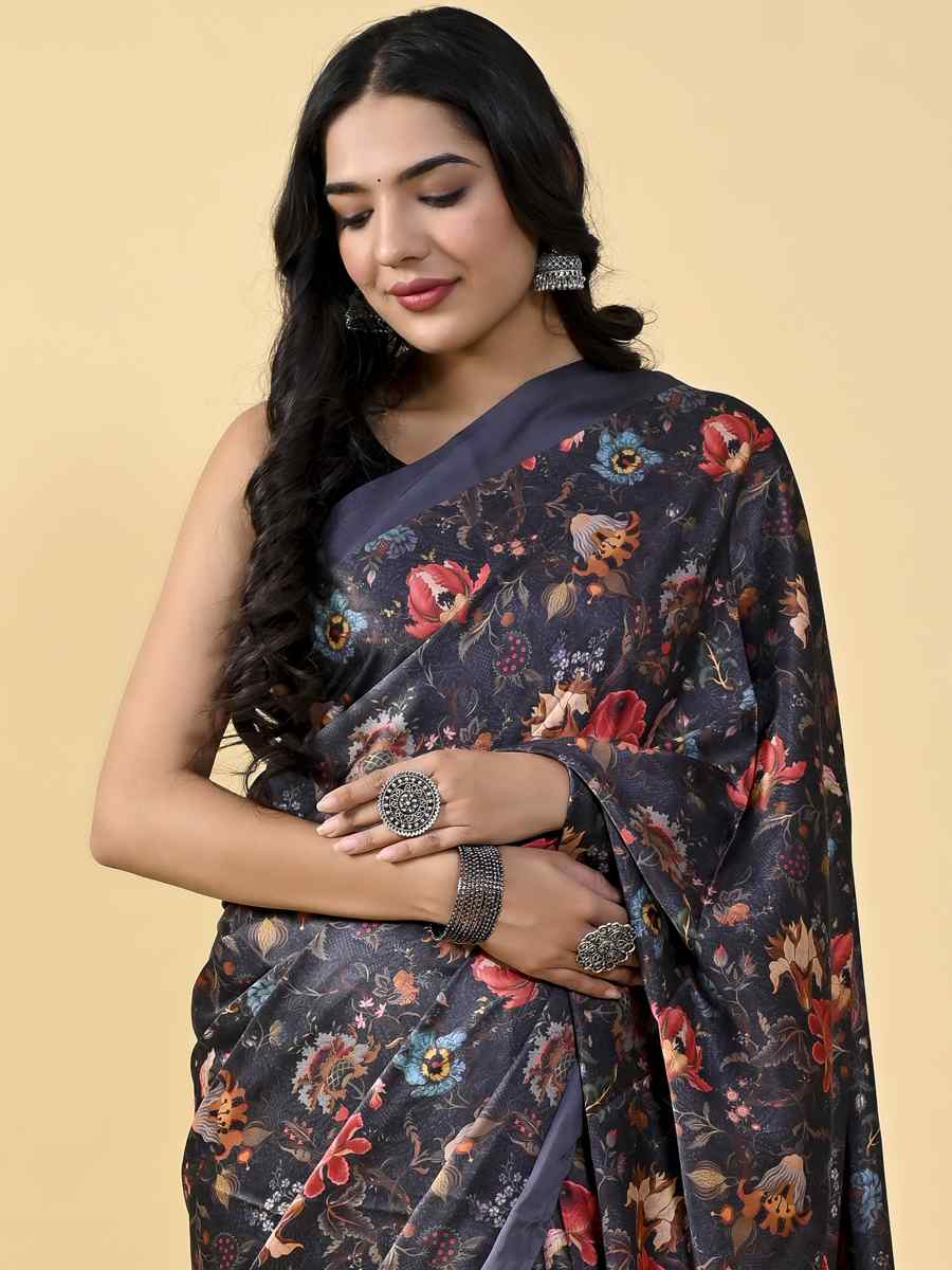 Black Japan Satin Silk Printed Casual Party Contemporary Saree