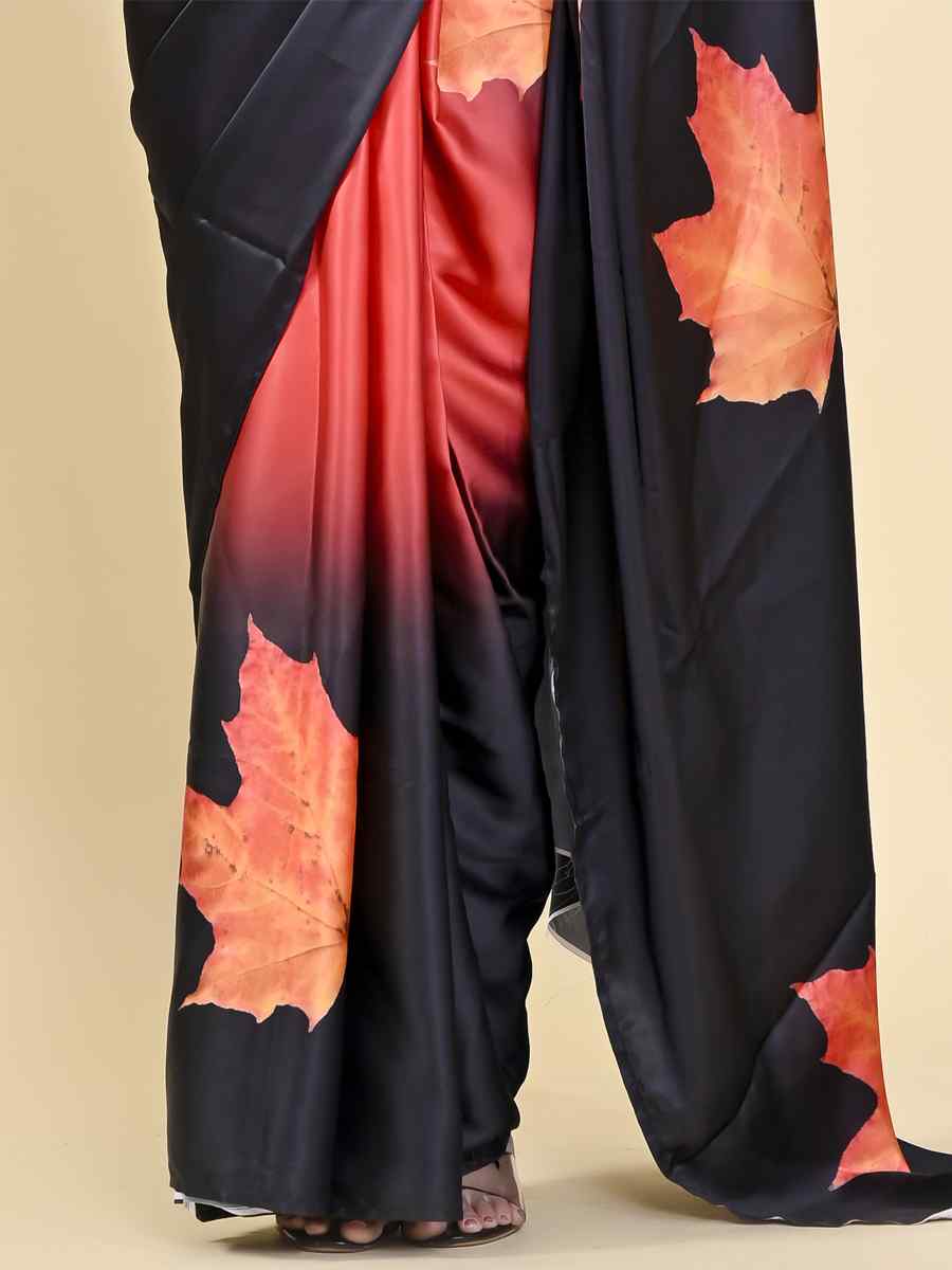 Black Japan Satin Silk Printed Casual Party Contemporary Saree