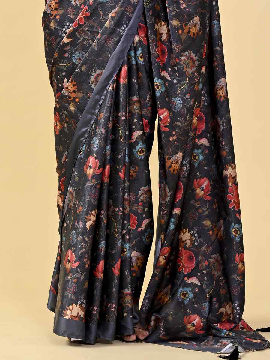 Black Japan Satin Silk Printed Casual Party Contemporary Saree