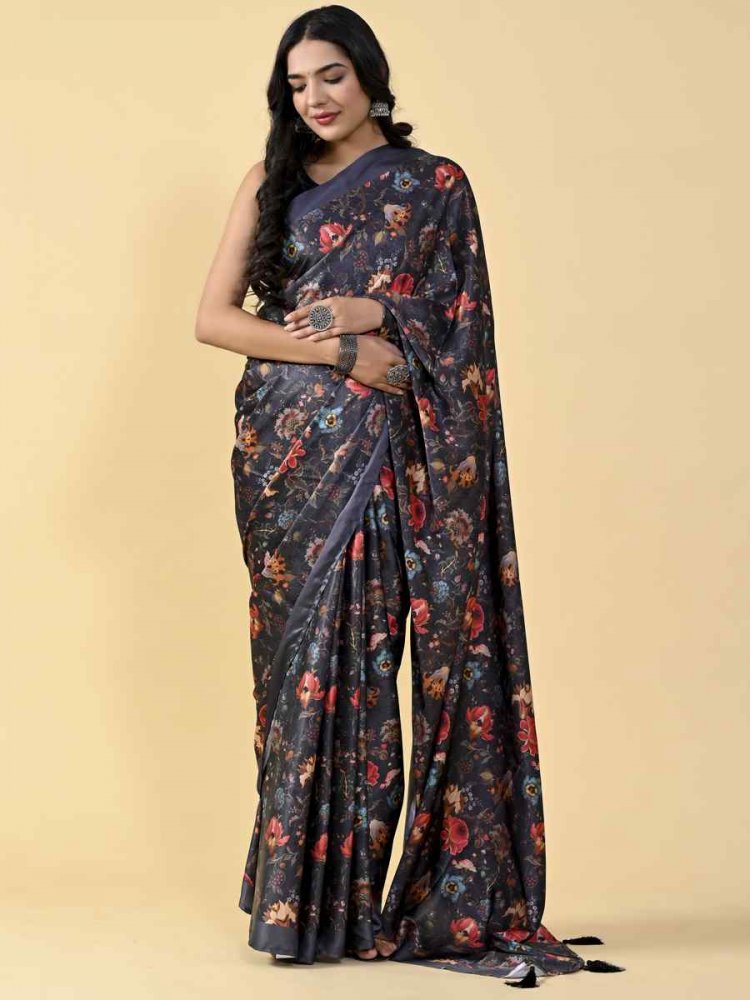 Black Japan Satin Silk Printed Casual Party Contemporary Saree