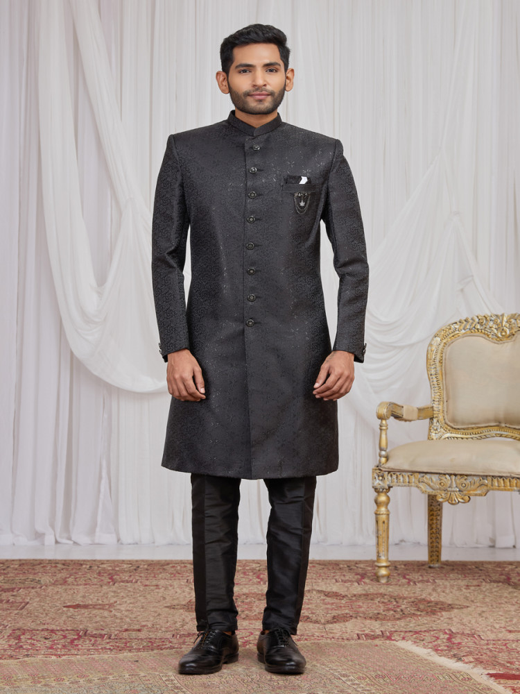 Image of Black Jaquard fabric Embroidery Wedding Party Festival Groom Sherwani