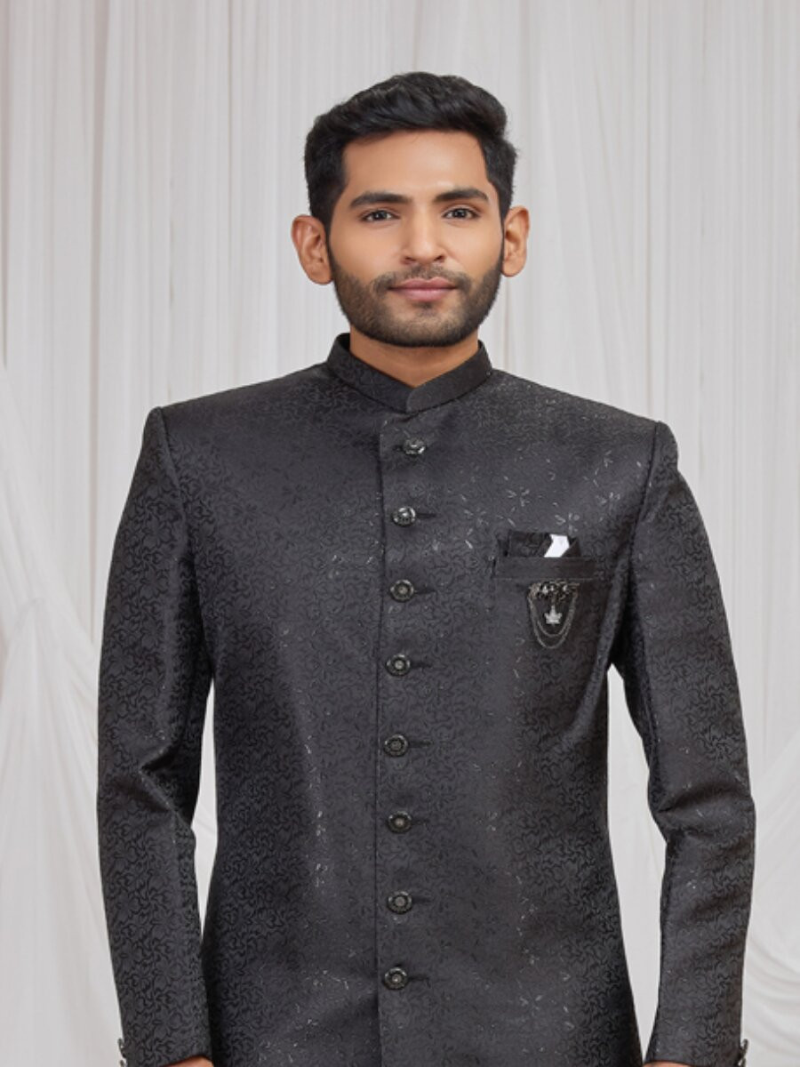 Black Jaquard fabric Embroidery Wedding Party Festival Groom Sherwani
