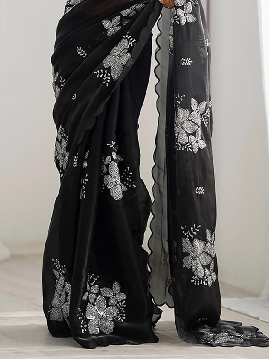 Black Jimmy Choo Organza Embroidery Sequins Wedding Reception Party Festival Casual Heavy Border Sarees