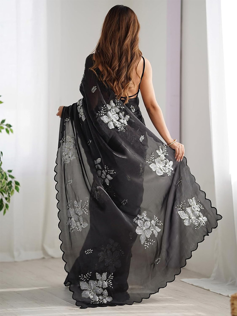 Black Jimmy Choo Organza Embroidery Sequins Wedding Reception Party Festival Casual Heavy Border Sarees