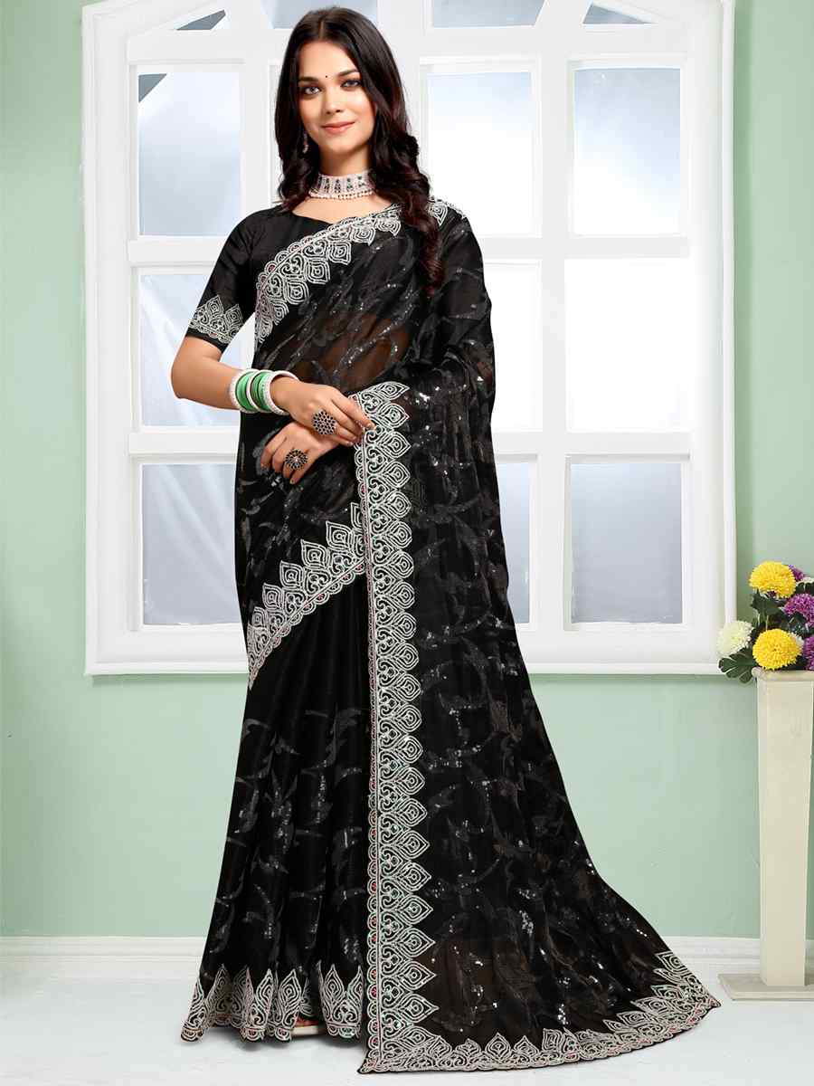 Black Jimmy Choo Silk Embroidery Party Reception Heavy Border Saree