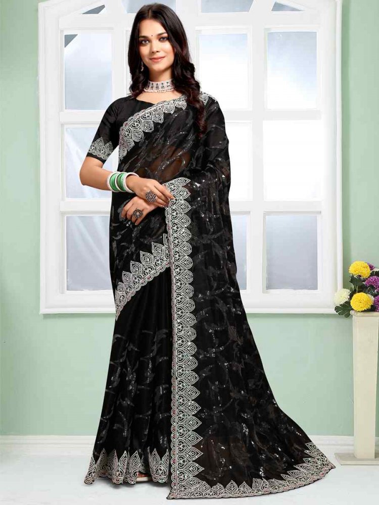 Black Jimmy Choo Silk Embroidery Party Reception Heavy Border Saree