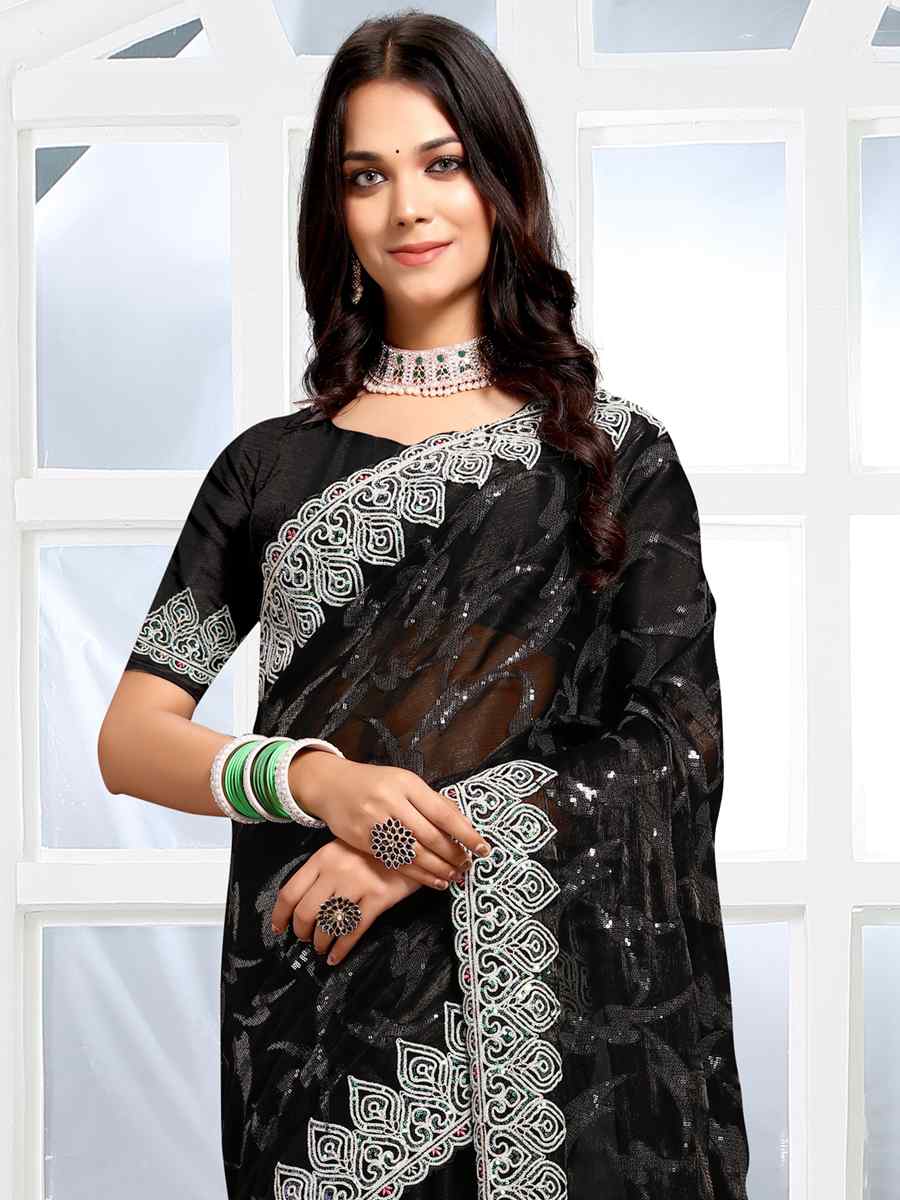 Black Jimmy Choo Silk Embroidery Party Reception Heavy Border Saree