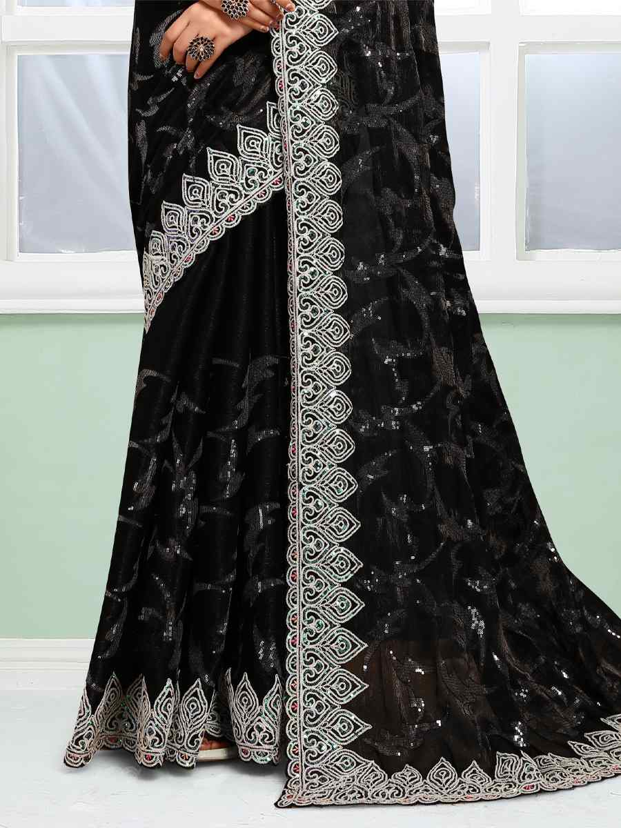 Black Jimmy Choo Silk Embroidery Party Reception Heavy Border Saree