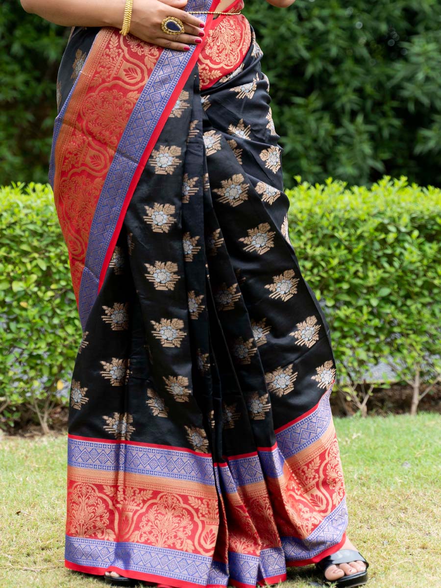 Black Kanchipuram Weaving Silk Handwoven Wedding Festival Heavy Border Saree