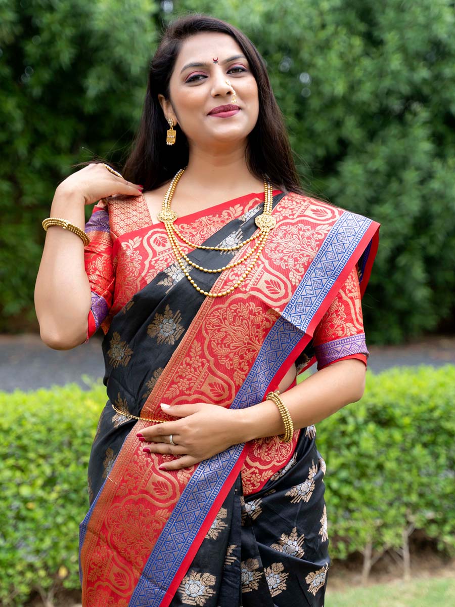 Black Kanchipuram Weaving Silk Handwoven Wedding Festival Heavy Border Saree