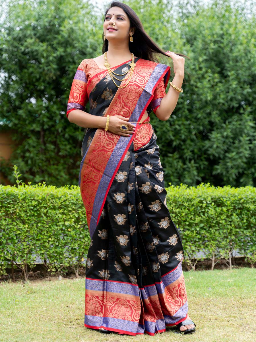 Black Kanchipuram Weaving Silk Handwoven Wedding Festival Heavy Border Saree
