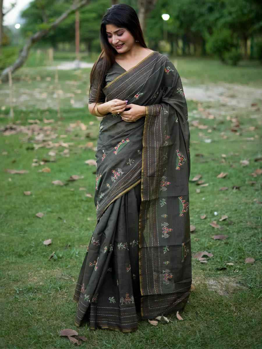 Black Khadi Tussar Silk Embroidery Festival Wedding Fancy Heavy Border Saree