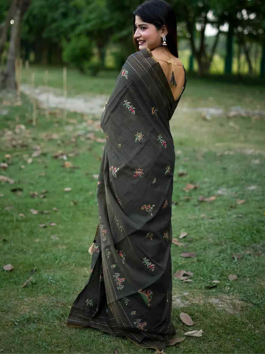 Black Khadi Tussar Silk Embroidery Festival Wedding Fancy Heavy Border Saree