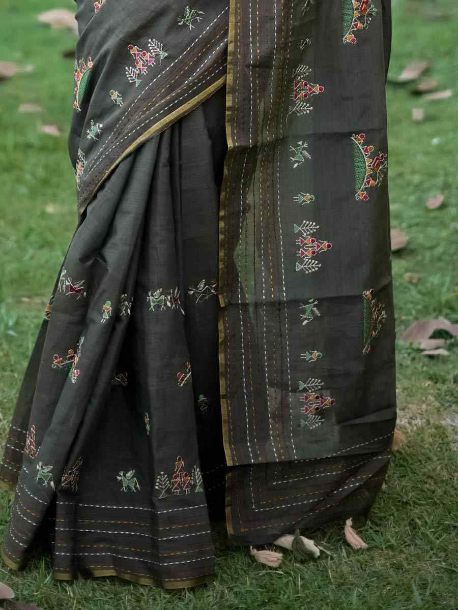 Black Khadi Tussar Silk Embroidery Festival Wedding Fancy Heavy Border Saree