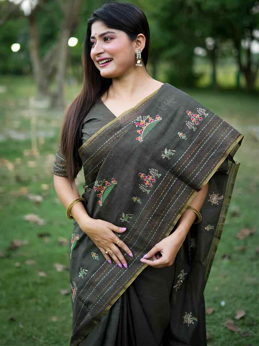 Black Khadi Tussar Silk Embroidery Festival Wedding Fancy Heavy Border Saree