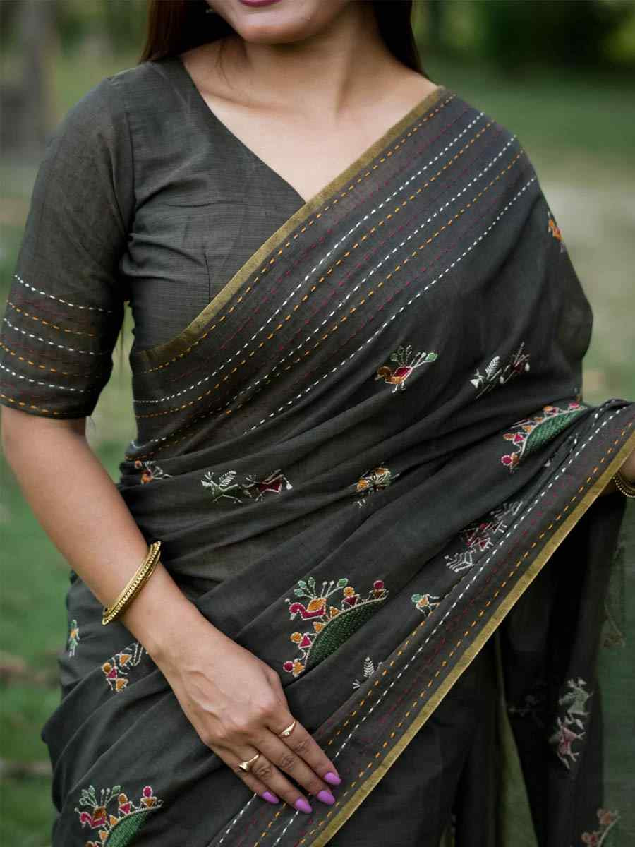 Black Khadi Tussar Silk Embroidery Festival Wedding Fancy Heavy Border Saree