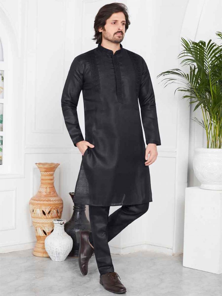 Black Linen Cotton Printed Festival Casual Kurta