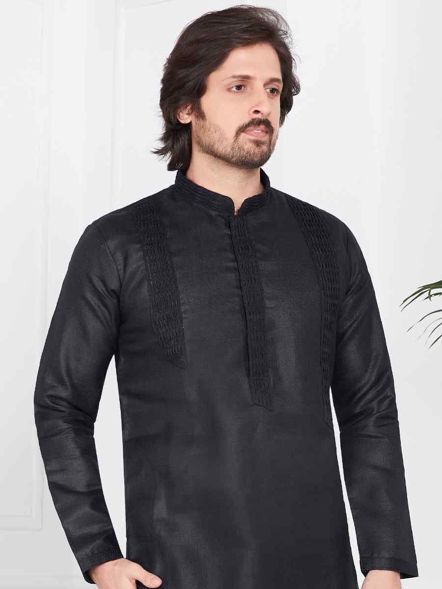 Black Linen Cotton Printed Festival Casual Kurta