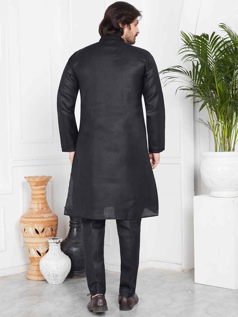 Black Linen Cotton Printed Festival Casual Kurta