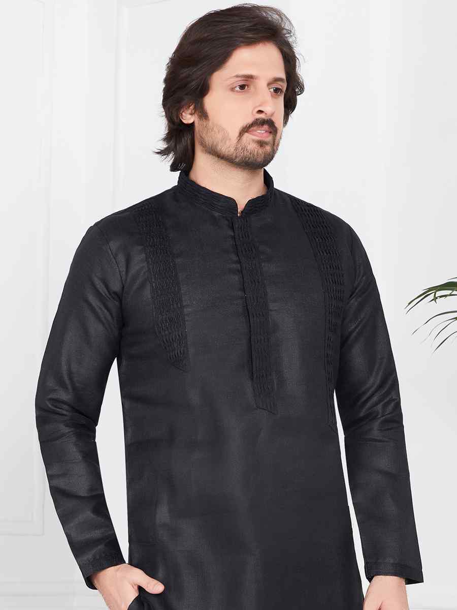 Black Linen Cotton Printed Festival Casual Kurta