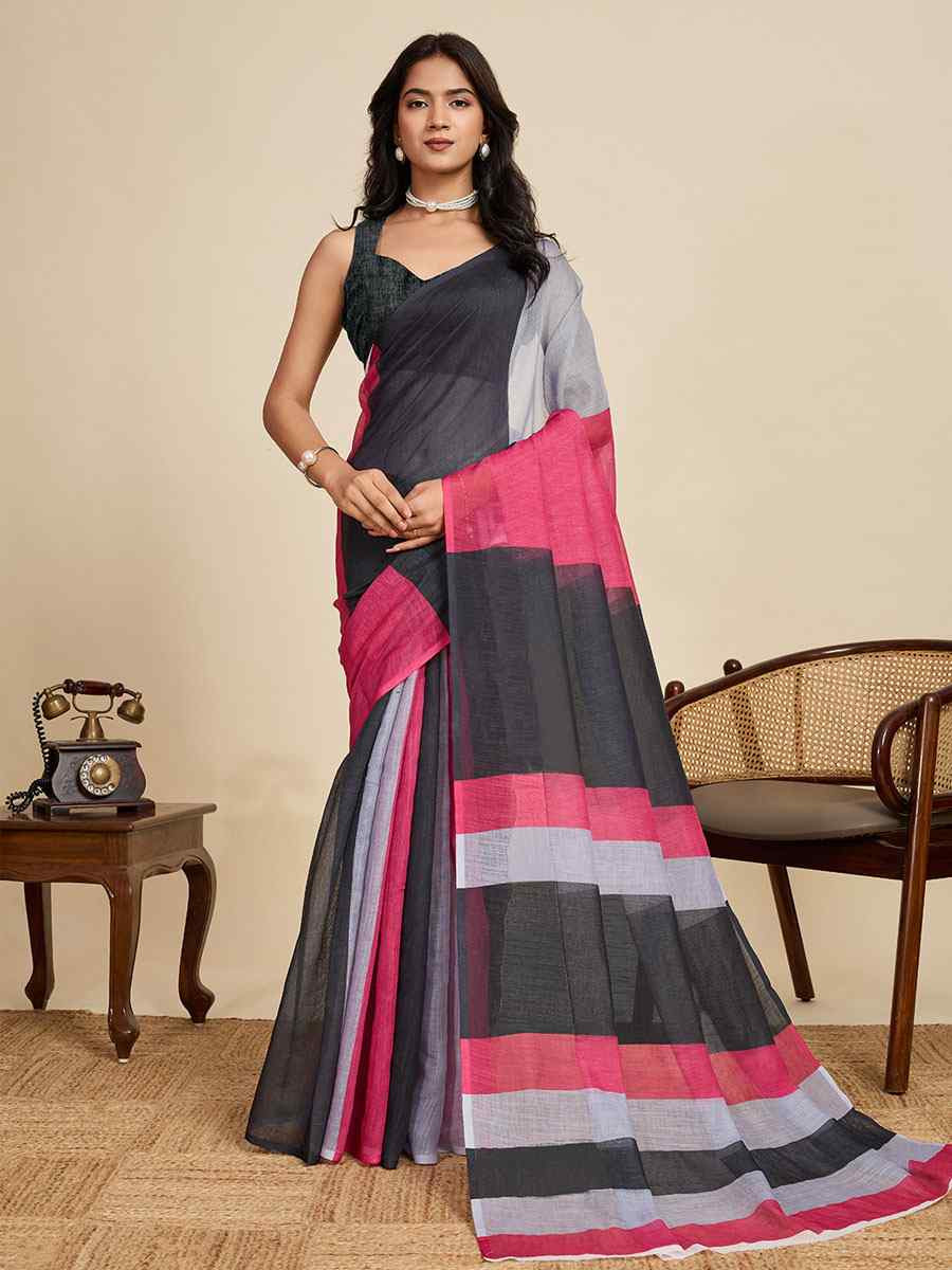 Black Linen Cotton Printed Handwoven Traditional Casual Festival Fancy Classic Style Sarees