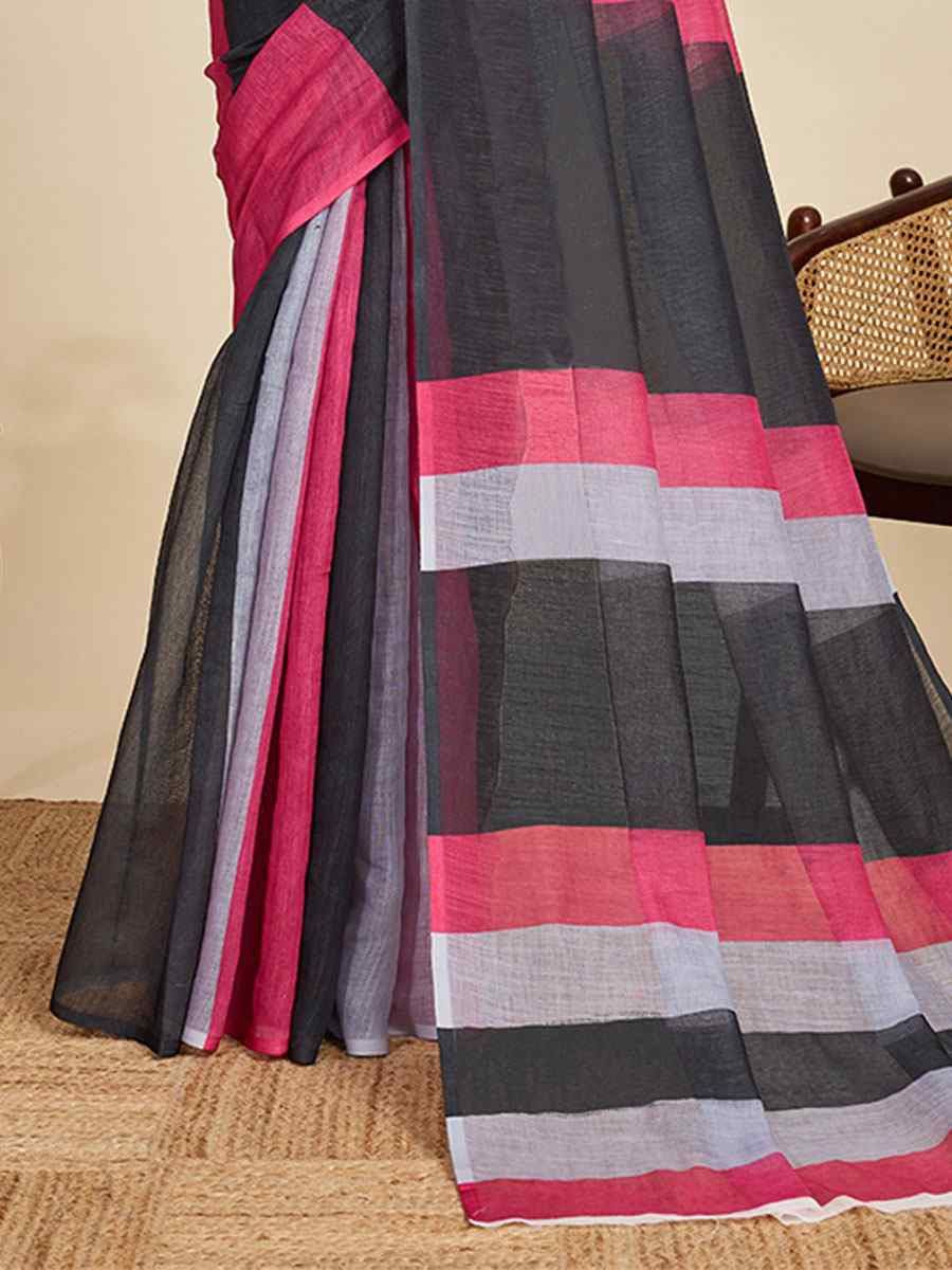 Black Linen Cotton Printed Handwoven Traditional Casual Festival Fancy Classic Style Sarees