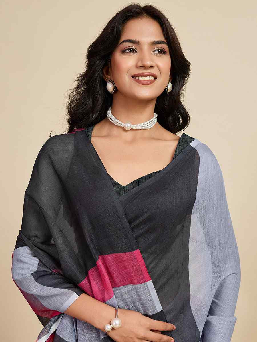 Black Linen Cotton Printed Handwoven Traditional Casual Festival Fancy Classic Style Sarees