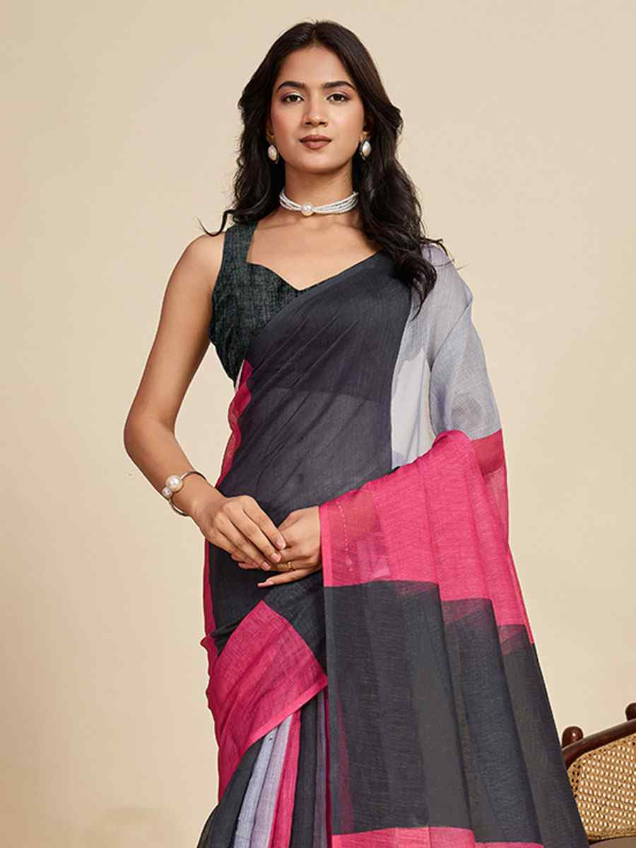 Black Linen Cotton Printed Handwoven Traditional Casual Festival Fancy Classic Style Sarees