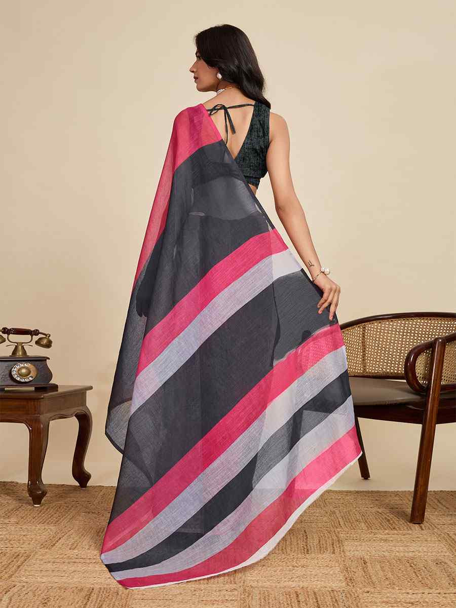 Black Linen Cotton Printed Handwoven Traditional Casual Festival Fancy Classic Style Sarees