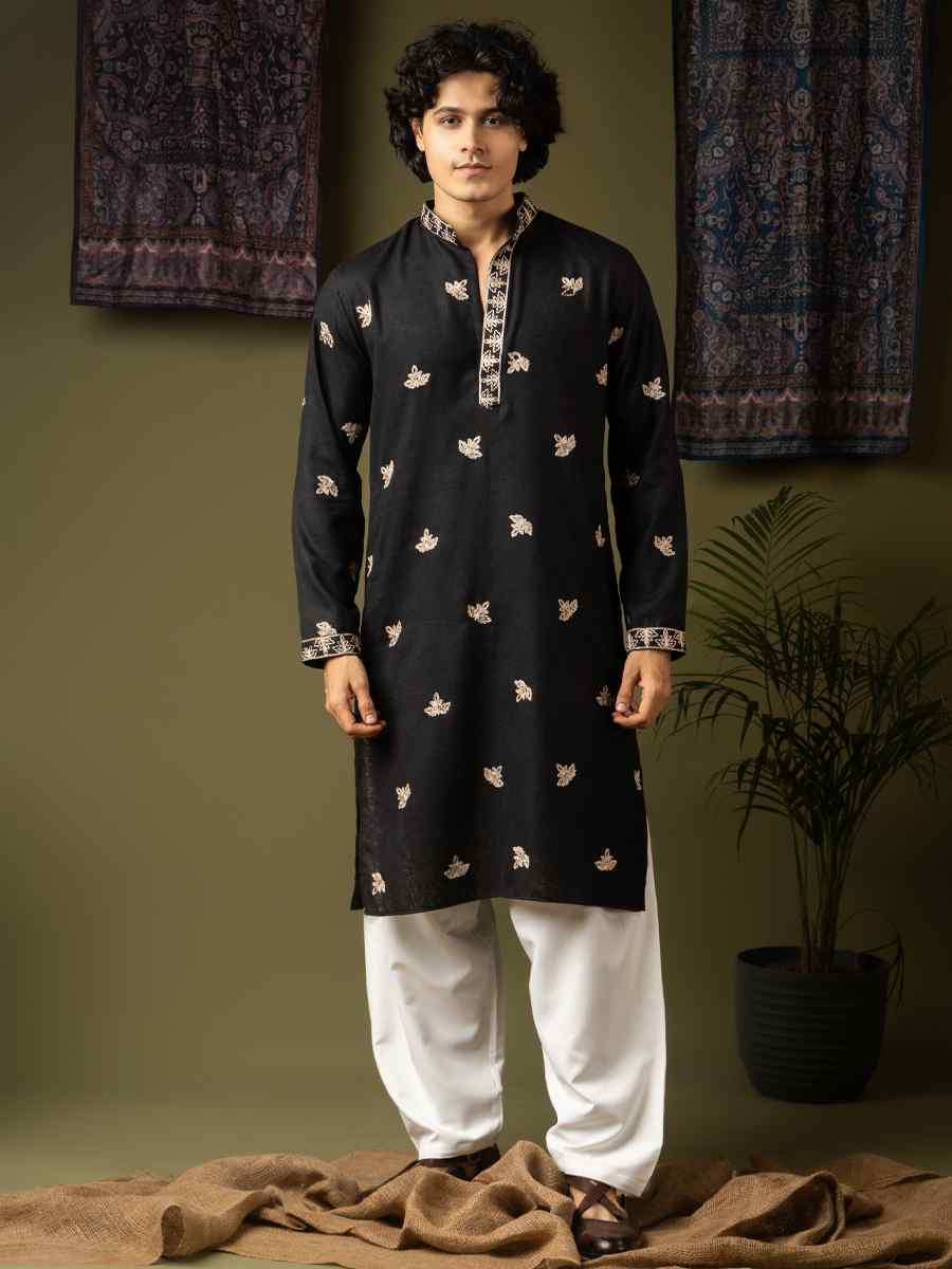 Black Linen Embroidery Festival Wedding Party Mens Kurta