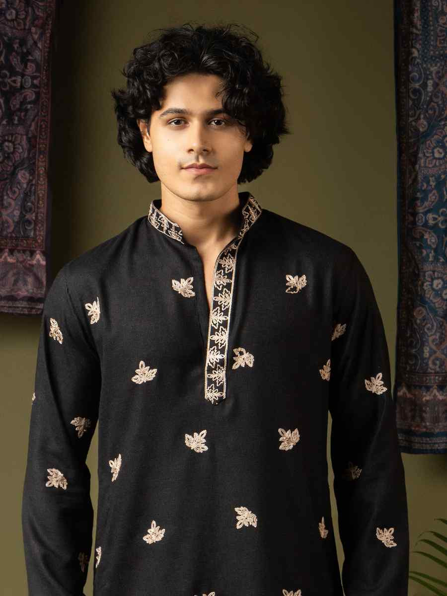 Black Linen Embroidery Festival Wedding Party Mens Kurta