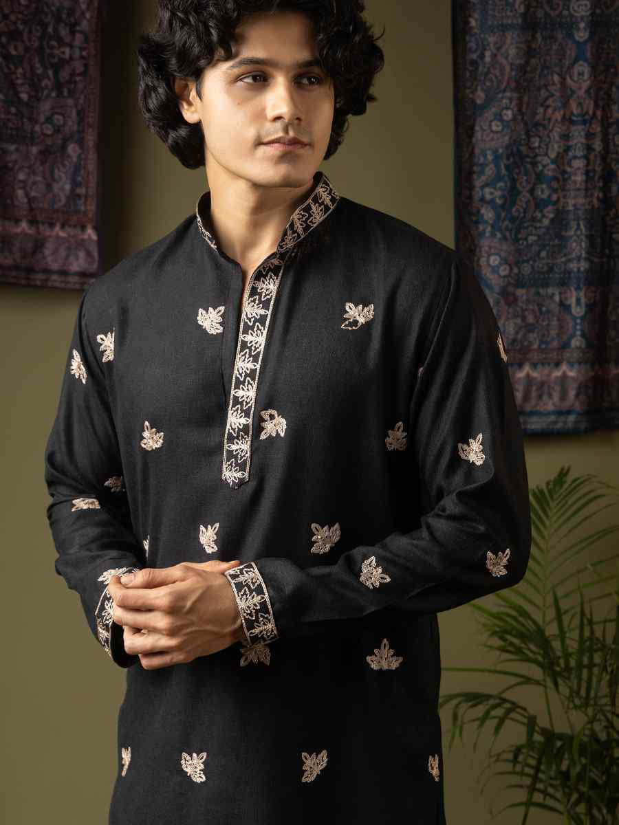 Black Linen Embroidery Festival Wedding Party Mens Kurta