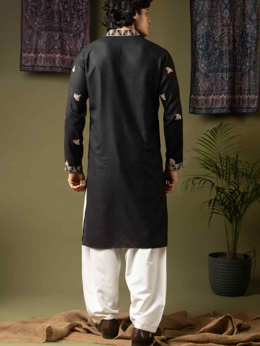 Black Linen Embroidery Festival Wedding Party Mens Kurta