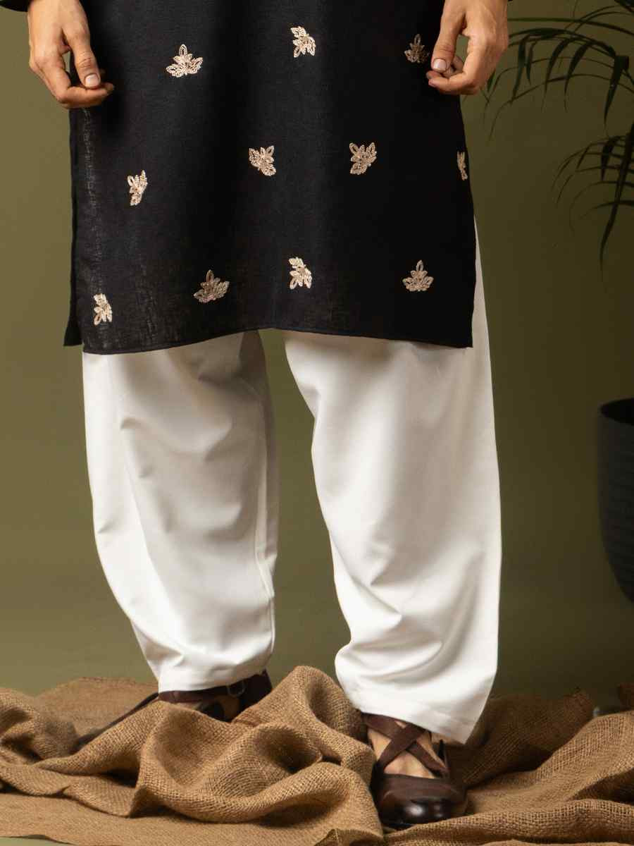 Black Linen Embroidery Festival Wedding Party Mens Kurta