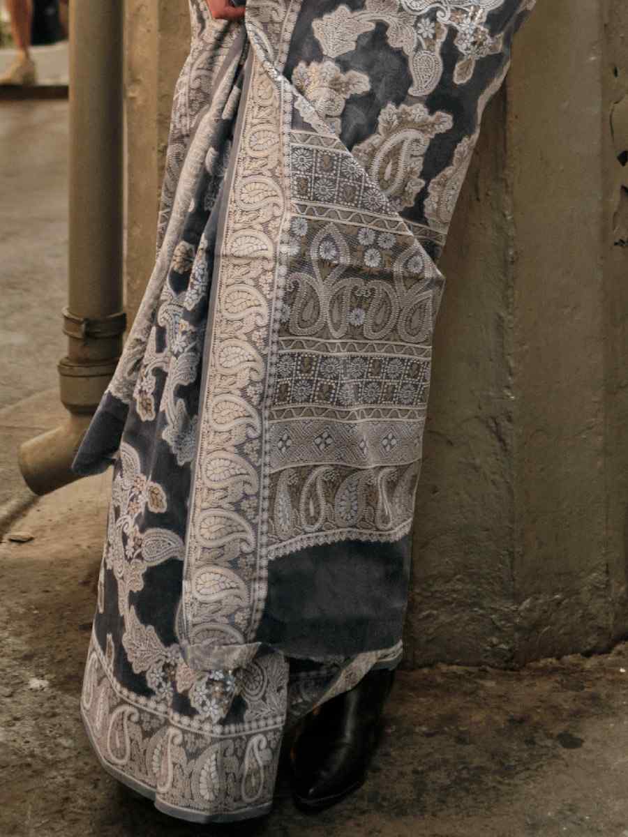 Black Lucknowi Organza Handwoven Wedding Festival Heavy Border Saree