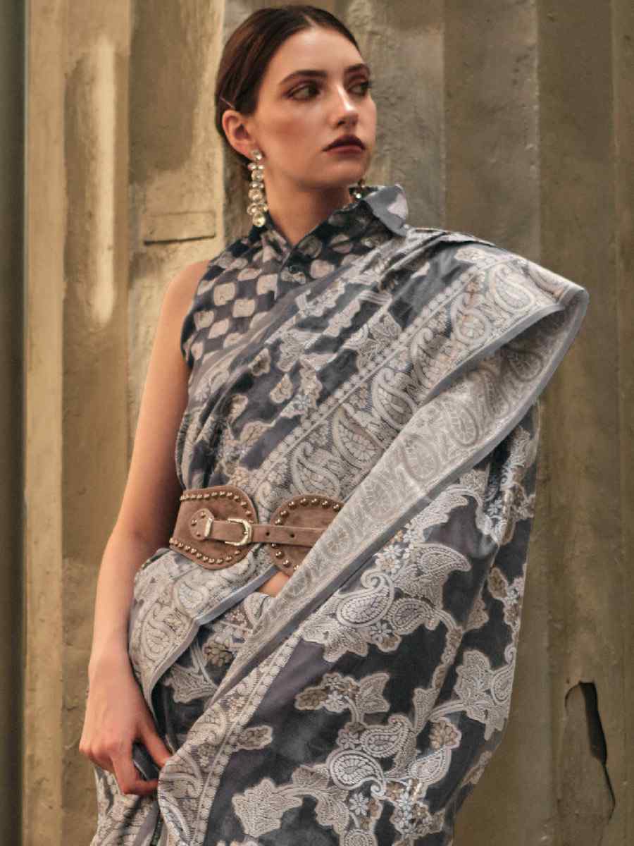 Black Lucknowi Organza Handwoven Wedding Festival Heavy Border Saree