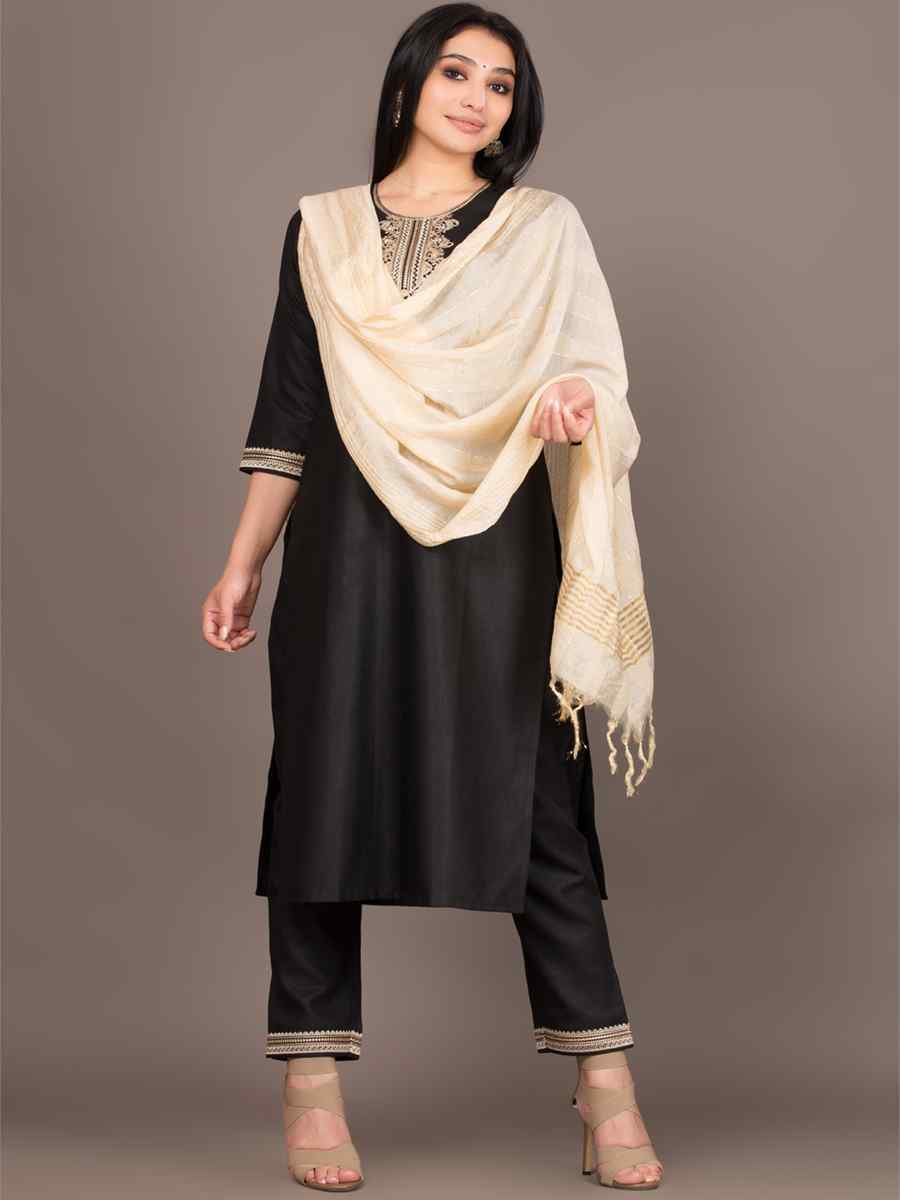 Black Magic Slub Embroidered Festival Casual Ready Pant Salwar Kameez
