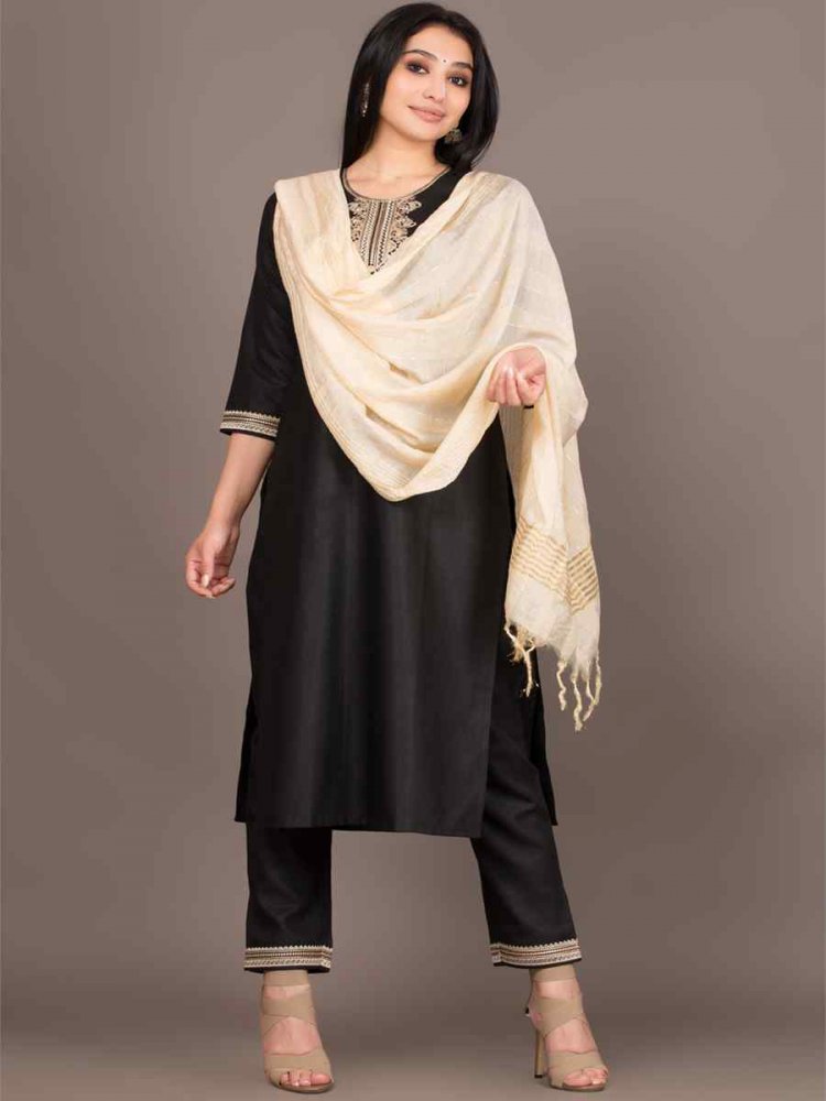 Black Magic Slub Embroidered Festival Casual Ready Pant Salwar Kameez