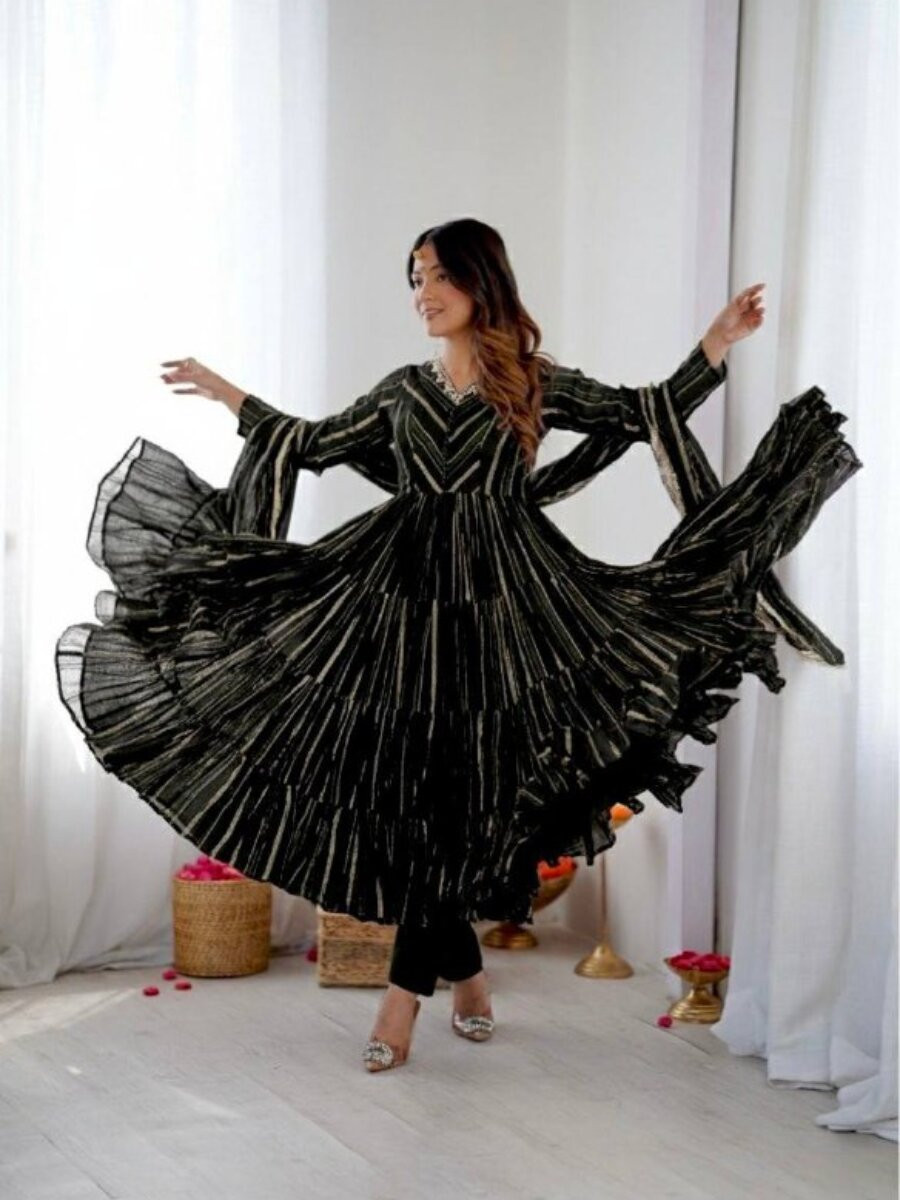 Black Mal Chanderi Silk Handwoven Wedding Party Festival Casual Ready Anarkali Pant Salwar Kameez