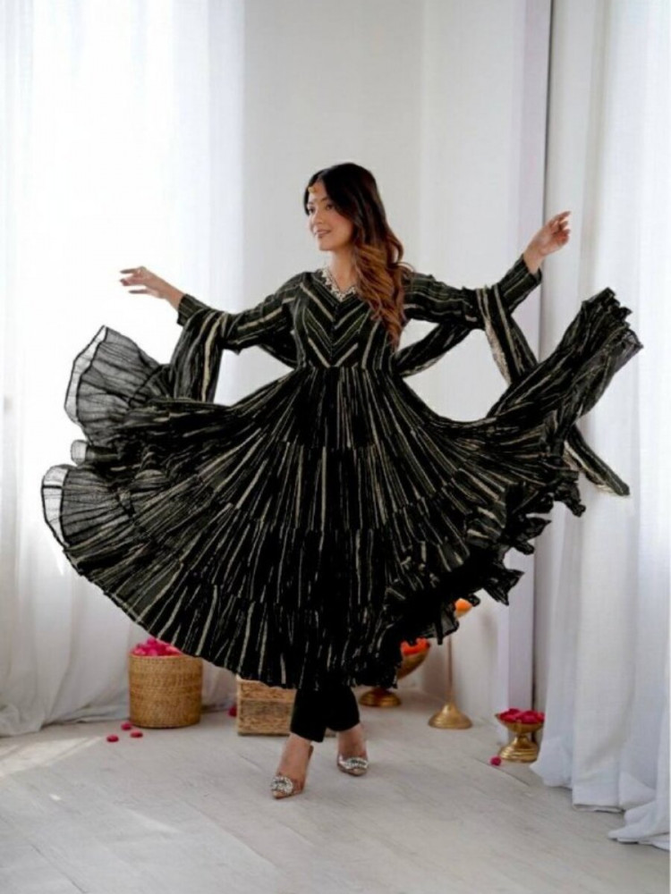 Image of Black Mal Chanderi Silk Handwoven Wedding Party Festival Casual Ready Anarkali Pant Salwar Kameez