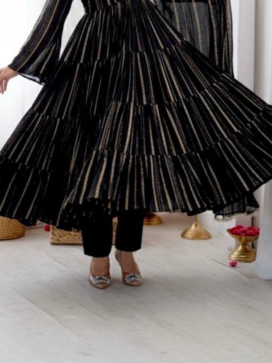 Black Mal Chanderi Silk Handwoven Wedding Party Festival Casual Ready Anarkali Pant Salwar Kameez