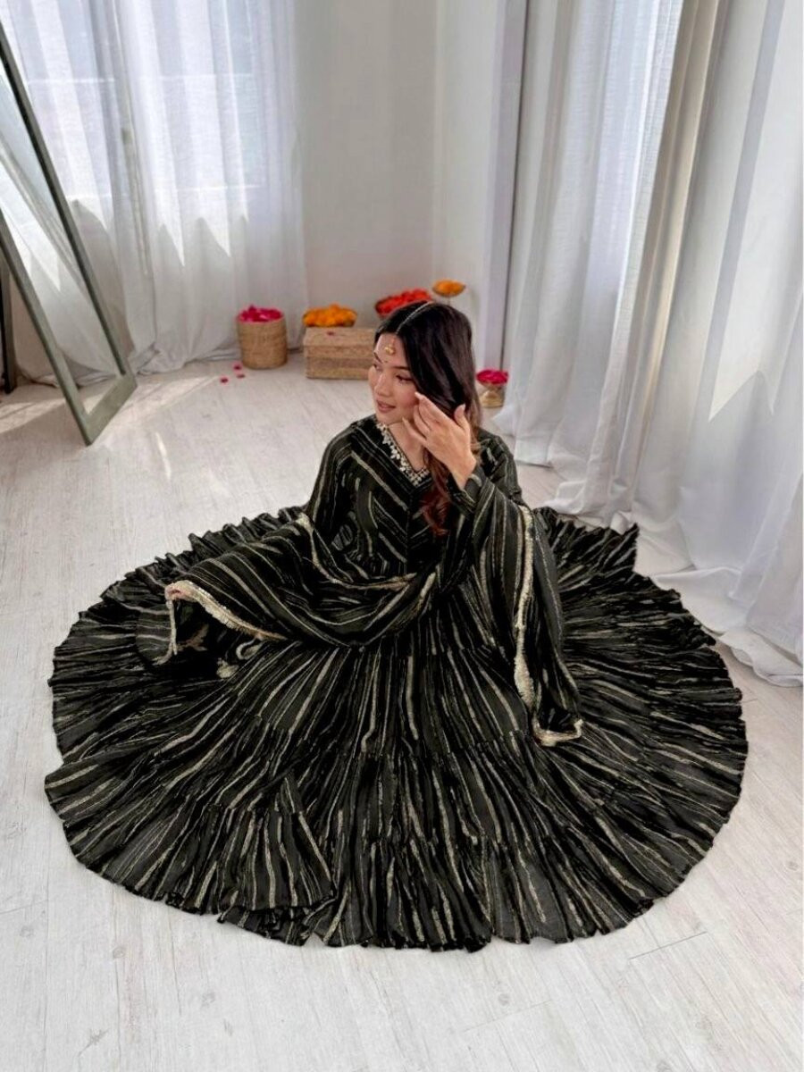 Black Mal Chanderi Silk Handwoven Wedding Party Festival Casual Ready Anarkali Pant Salwar Kameez