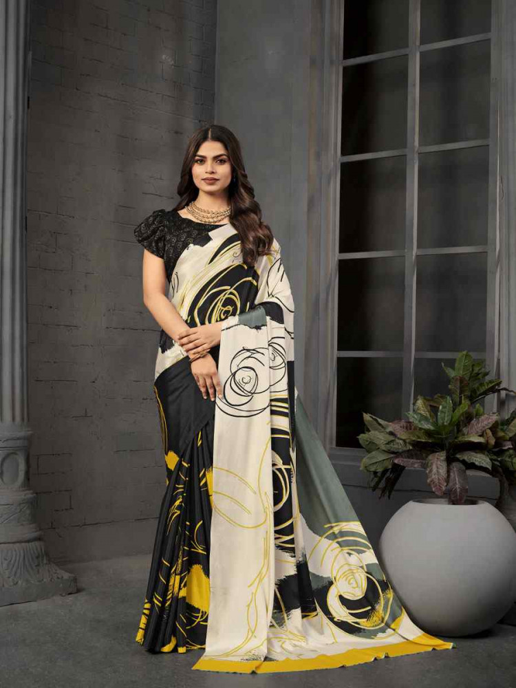 Image of Black Malai Crepe Silk Printed Casual Reception Festival Wedding Fancy Classic Style Sarees