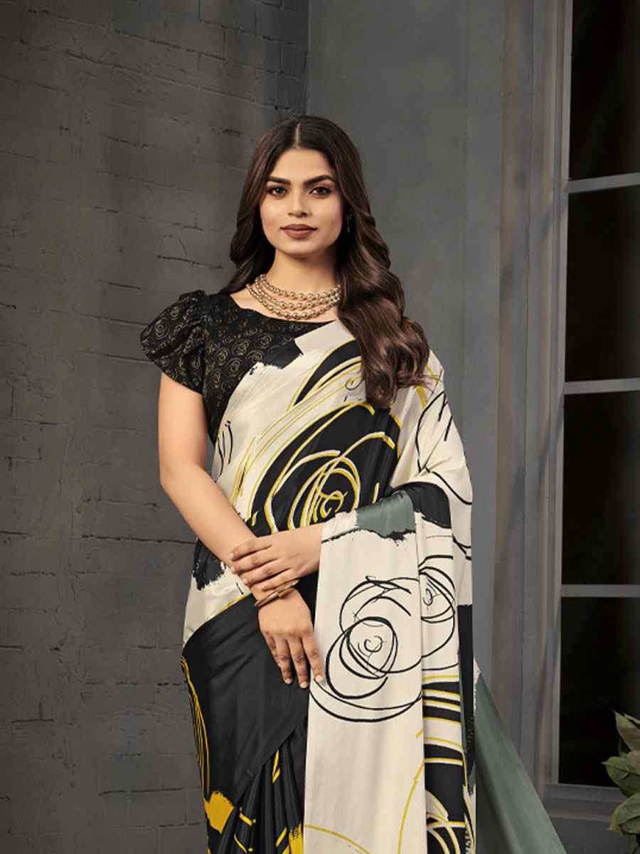 Black Malai Crepe Silk Printed Casual Reception Festival Wedding Fancy Classic Style Sarees