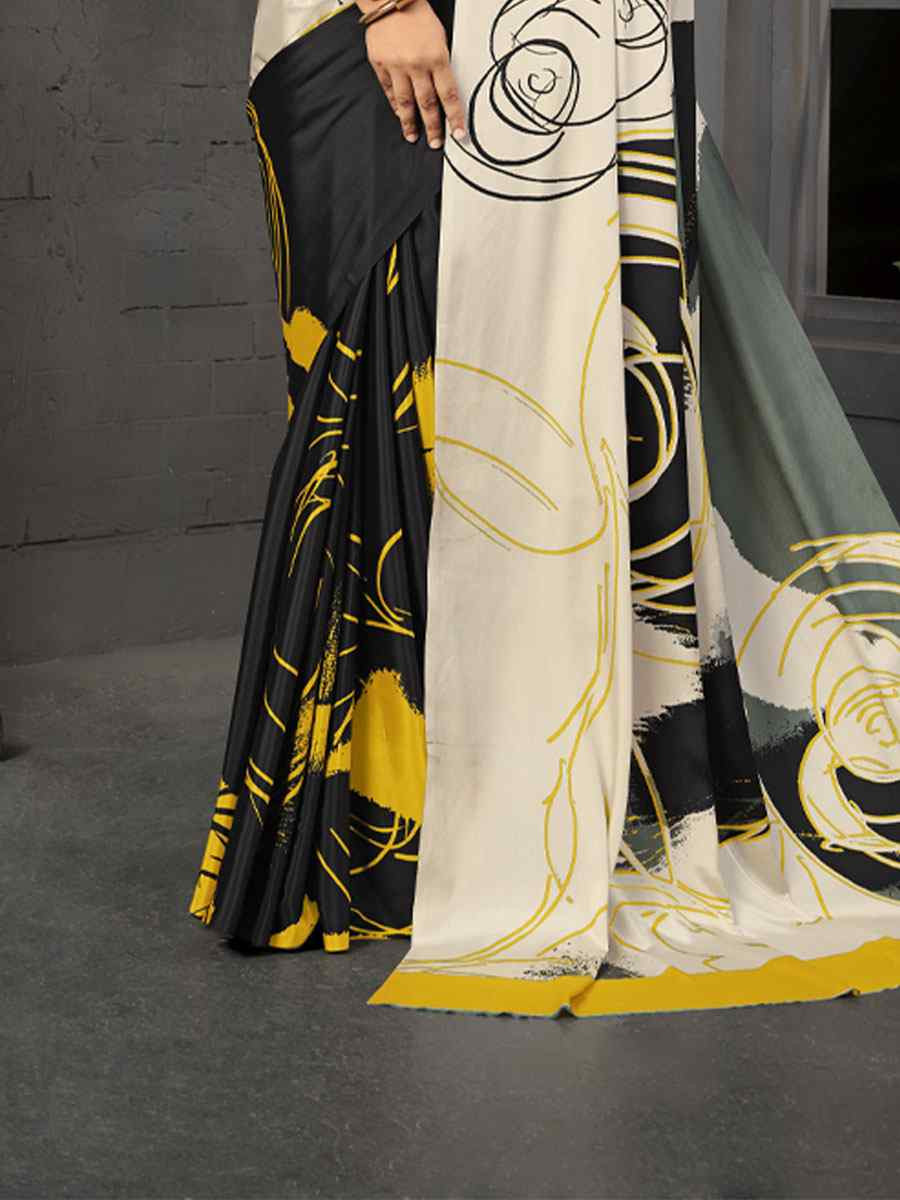 Black Malai Crepe Silk Printed Casual Reception Festival Wedding Fancy Classic Style Sarees