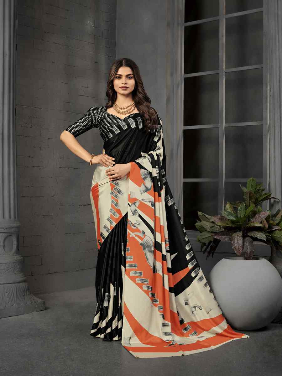 Black Malai Crepe Silk Printed Casual Reception Festival Wedding Fancy Classic Style Sarees