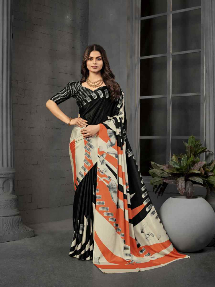 Image of Black Malai Crepe Silk Printed Casual Reception Festival Wedding Fancy Classic Style Sarees