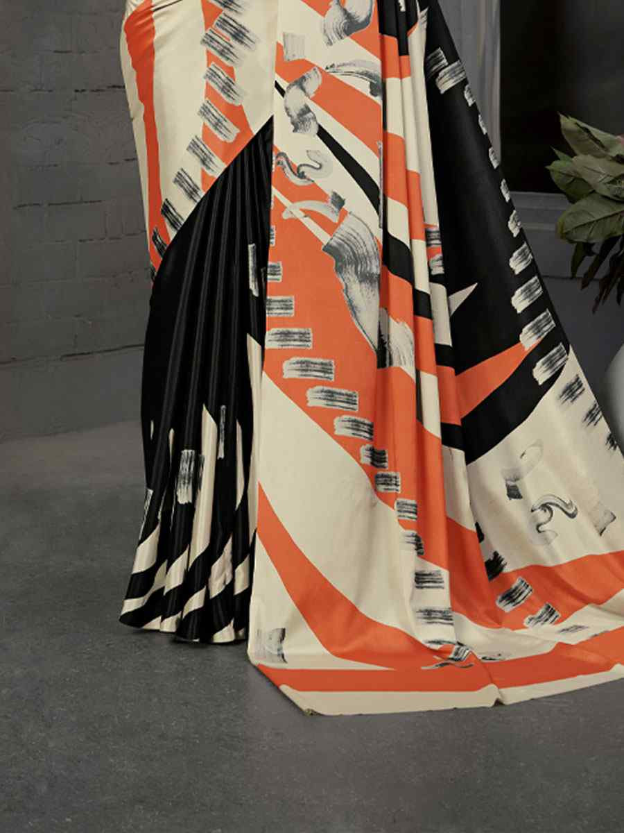 Black Malai Crepe Silk Printed Casual Reception Festival Wedding Fancy Classic Style Sarees