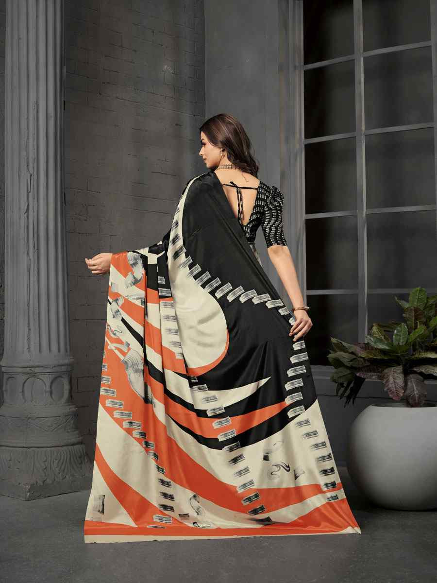 Black Malai Crepe Silk Printed Casual Reception Festival Wedding Fancy Classic Style Sarees